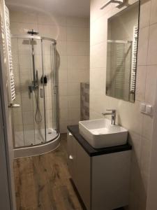 a bathroom with a sink and a shower and a sink at Podgrzewany basen, sauna, nowy Revist Szklarska B7 in Szklarska Poręba