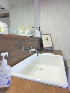 ein Waschbecken mit einem Seifenspender auf einer Theke in der Unterkunft ゲストハウスみちしお 