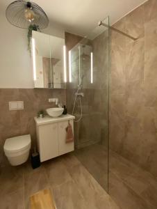 un bagno con doccia, WC e lavandino di Nook. The Design Apartment a Târgu-Mureş Altre 24 foto