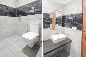 Duas fotografias de uma casa de banho com WC e lavatório. em FabHotel Sirtaj Suites em Agra