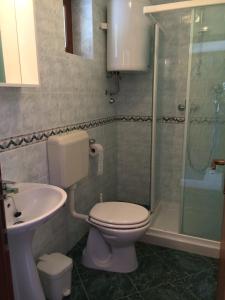 La salle de bains est pourvue de toilettes, d'un lavabo et d'une douche. dans l'établissement Apartment Bertossin Rovini, à Mošćenička Draga