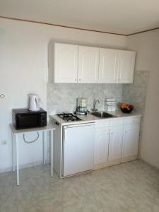 La cuisine est équipée de placards blancs, d'un évier et d'un four micro-ondes. dans l'établissement Apartment Bertossin Rovini, à Mošćenička Draga