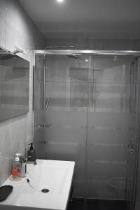 ファロにあるGrowIN Stay Downtownの洗面台とガラスのシャワーを備えたバスルーム