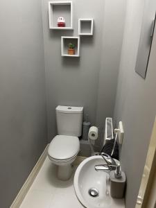 a small bathroom with a toilet and a sink at Newbourne Terrace in Derby