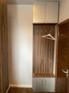 a room with a closet with a wooden wall at Cosy studio flat in Muswell Hill in London