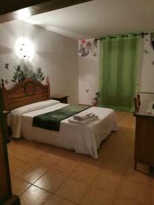 a bedroom with a bed and a green curtain at Posada la Maza in Arnuero