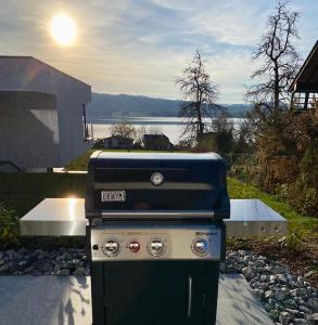 a grill in a yard with a view of a lake at Orange Lounge in Weyregg