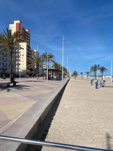 einen leeren Strand mit Palmen und einem Gebäude in der Unterkunft Apartamento NAVI II playa de Gandia para 6 personas in Playa de Gandia