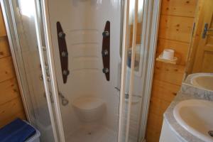 a bathroom with a shower and a sink at Appartement "HERISSON" indépendant à Lélex, Monts Jura in Lélex