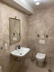uma casa de banho com um lavatório e um WC em Lovely 2-bedroom apartment in Chisinau centre em Chisinau
