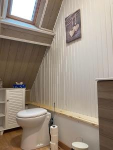a bathroom with a white toilet in a attic at Chambres dhotes a la ferme in Forest-Montiers