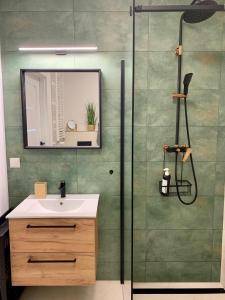 a bathroom with a sink and a shower at Rafiki in Międzywodzie