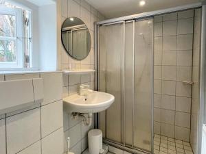 a bathroom with a shower and a sink and a mirror at Bungalow "Sillo´s Hüs" in Nebel