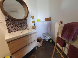 瓦朗索爾的住宿－studio à la campagne，一间带水槽、卫生间和镜子的浴室