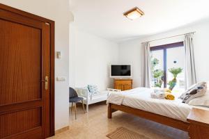 una camera con letto, TV e finestra di Villa Ibiza Alcudia Mallorca a Alcudia