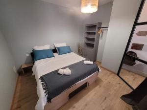 1 dormitorio con 1 cama grande con almohadas azules en Gîte « domaine de l’oustal nau », en Peyriac-de-Mer
