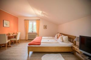 a bedroom with a bed and a desk and a television at Ferienwohnung Alpennelke in Füssen