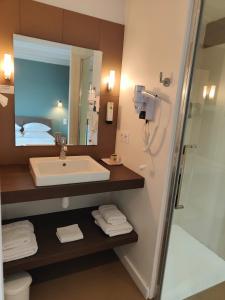 La salle de bains est pourvue d'un lavabo, d'une douche et d'un miroir. dans l'établissement Logis Hôtel La Ferme de Flaran, à Maignaut