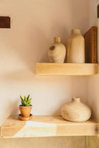 a shelf with vases and a plant on it at Casa Maja in Lajares