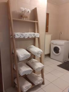 ein Badezimmer mit einem Regal mit Handtüchern und einem WC in der Unterkunft Gite près du Chat'O in Fresnicourt-le-Dolmen