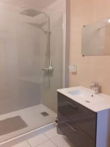 ein weißes Bad mit einer Dusche und einem Waschbecken in der Unterkunft Gite près du Chat'O in Fresnicourt-le-Dolmen