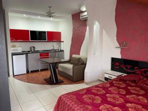 a bedroom with a bed and a table and a kitchen at Racu in Komrat