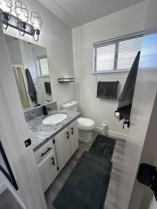 a bathroom with a sink and a toilet and a mirror at Cozy Getaway with King bed & 70inTV in Carmichael
