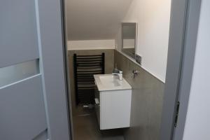 La salle de bains est pourvue d'un lavabo blanc et d'un miroir. dans l'établissement Apartments Morsum, à Thedinghausen