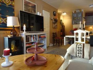 a living room with a fireplace and a table with a candle at Actif 106 - Hallingheim apartment ski inn/ski ut in Al