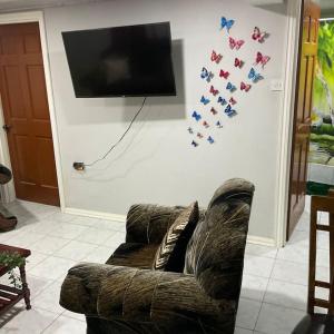 a living room with a couch and a flat screen tv at Beverly's Place in New Amsterdam