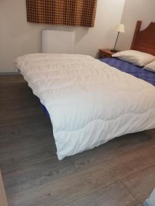 łóżko z białą kołdrą w sypialni w obiekcie Appartement les chalets d estives w mieście Cauterets +4 zdjęcia