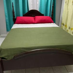 ein großes Bett mit einem roten Kissen darauf in der Unterkunft Beverly's Place in New Amsterdam