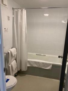 St James Hotel في غريمسبي: حمام مع حوض ومرحاض ومغسلة