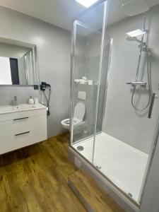 a bathroom with a glass shower and a toilet at Penzion Puk 