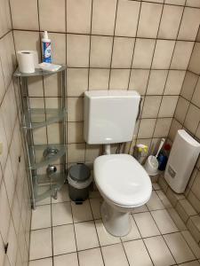 a bathroom with a white toilet in a tiled wall at Apartment am Kurpark in Bad Oeynhausen