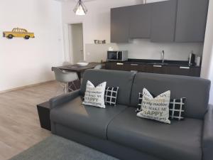 a living room with a gray couch with pillows on it at RivApartmentsDowntowN Travel in Riva del Garda