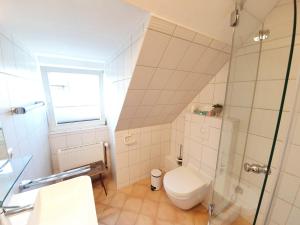 e bagno con servizi igienici e doccia. di Ferienwohnung-Weidenstieg-OG a Wenningstedt