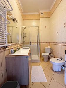 ein Bad mit einer Dusche, einem Waschbecken und einem WC in der Unterkunft Gracja, Sopot Monte Cassino, Balkon, Parking in Sopot