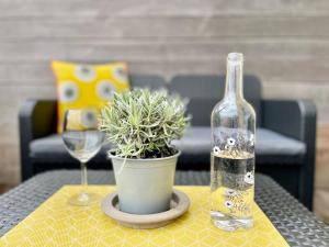 uma garrafa de vinho e uma planta em vasos sobre uma mesa em Maison avec piscine à Lacoste em Lacoste