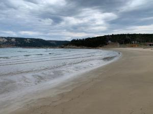 een leeg strand met golven uit de oceaan bij Apartments Dedić in Supetarska Draga