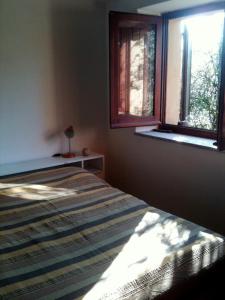 阿格林杜的住宿－Tipico stazzo splendida vista mare，一间卧室设有一张床和两个窗户。