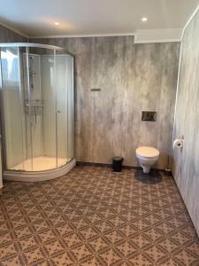 bagno con doccia e servizi igienici. di Big house in the middle of Lofoten a Kabelvåg