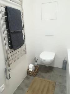 a white bathroom with a toilet and a rug at Diamond residence in old town in Bratislava