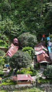 una vista in alto di un gruppo di edifici e alberi di Lucky Bamboo' Bungalows-Resto and OrangUtan Jungle Trekking Tours a Bukit Lawang