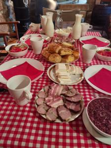 a table with plates of food on a red and white table cloth at Konak -Guest house -Ramonda Serbika in Niš