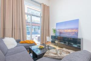 a living room with a couch and a tv at Super central - Unique studio apartment - 4 people in Oslo