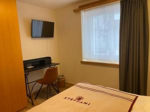 um quarto com uma cama, uma secretária e uma televisão em Petit Steffani Bed & Breakfast em St. Moritz