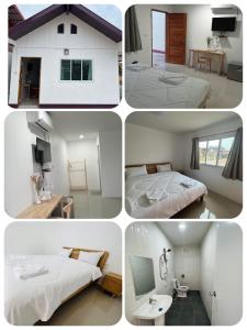 a collage of four pictures of a bedroom at บ้านอยู่สบาย บึงโขงหลง in Ban Don Klang