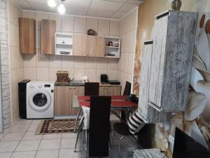 - une cuisine avec une table et un lave-linge dans l'établissement Eden Studio, à Constanţa