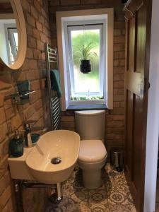 a bathroom with a toilet and a sink and a window at Cwtch, cozy studio, private, separate entrance. in Cardiff